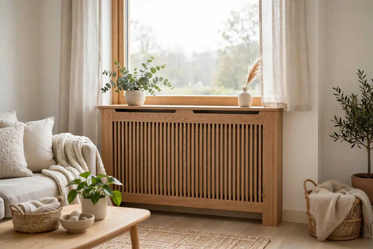 Moderne Heizkörperverkleidung aus Holz in hellem Wohnzimmer